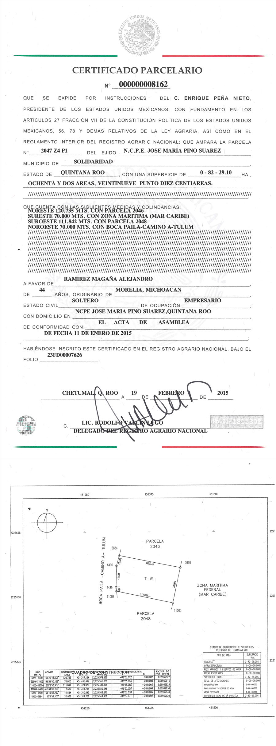CERTIFICADO PARCELARIO (DE FECHA 11 DE ENERO DE 2015) 
					DE ALEJANDRO RAMÍREZ MAGAÑA